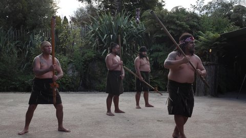 ROTORUA, NEW ZEALAND - 5 JANUARY 2020: Maori tribes traditional greeting show. Vicinity of Rotorua town. The Maori are the indigenous Polynesian people of New Zealand.
