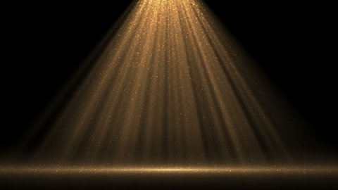 4K Spotlight with flying particles. Gold color rays. Empty scene with light for product. Xmas 2021 background. Isolated on black. Christmas animation