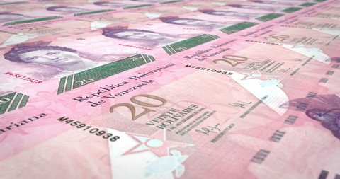 Banknotes of twenty Venezuelan bolivars rolling on screen, cash money, loop