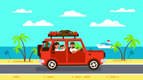 Family trip in a red car with luggage. Vacation journey on vehicle with family. Looped animation with alpha channel.