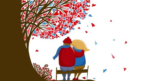 A couple in love sits under a tree. Falling hearts. Happy Valentine's Day. Video