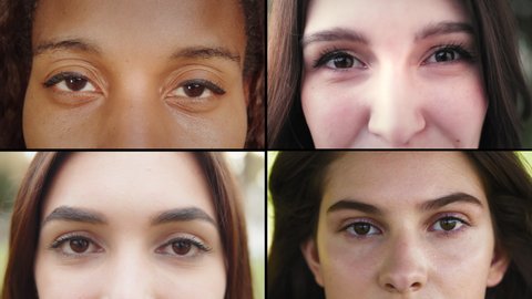Multi screen collage of different eyes, diversity people concept, multinational group of young people, man and woman eyes macro shot, international students, friendship without boarders