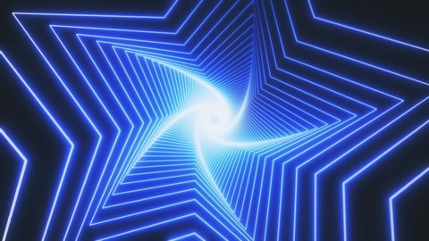 3D geometric abstract tunnel. Blue star, futuristic background, spiral movement. Seamless 4k animation