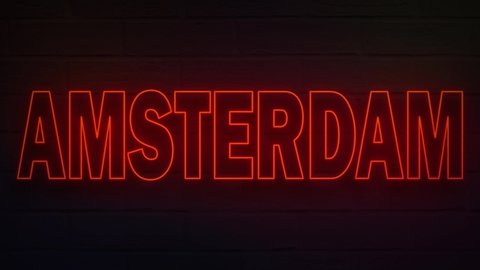 realistic neon written amsterdam for decoration and covering on the wall background.