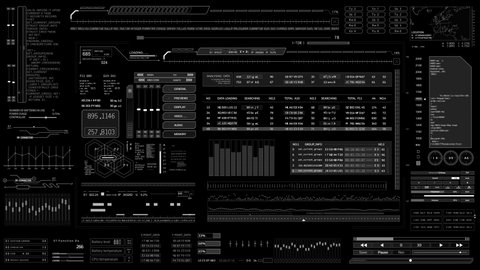 HUD elements.SciFi data User Interface.Digital infographic elements.2D Graphic.CG.Black background for Luma Alpha Matte.