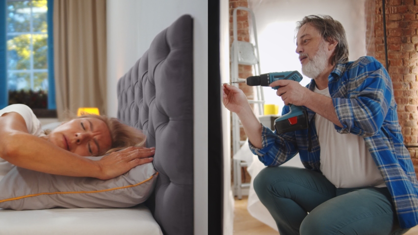 Senior woman cannot sleep in early morning because of noisy neighbour doing renovation and drilling wall. View of two duplex apartment separated by wall. Mature lady in bed having headache Royalty-Free Stock Footage #1059060155
