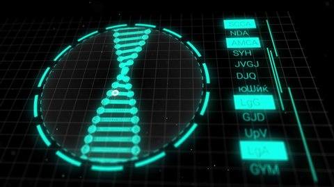 DNA digital analysis background on computer screen. Computer interface showing scan results of human dna test. 3D animation of medical software interface with DNA scan results and genetic engineering