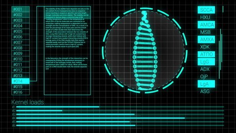 Loading human DNA helix spiral in motion at computer screen. 3D animation of rotating digital hologram of DNA. DNA scan results background. Genome analyzing and science research concept