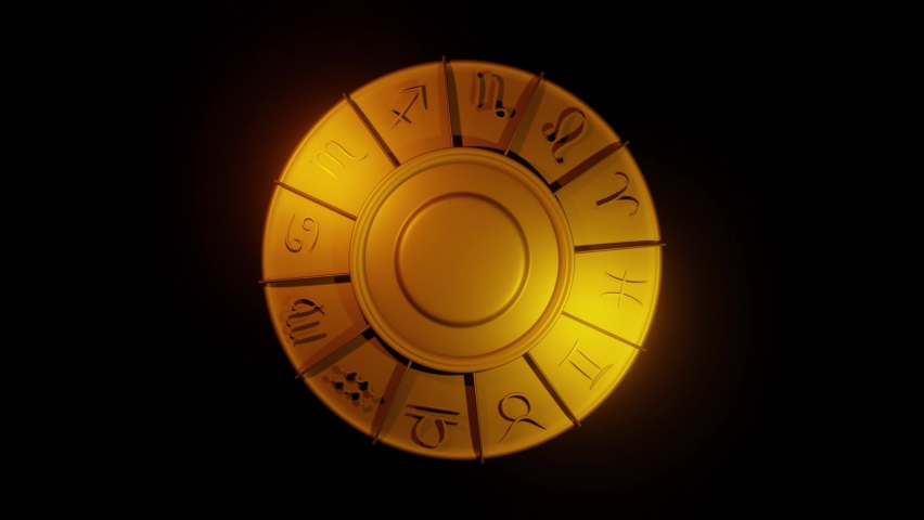 Golden zodiac wheel spinning 360 degrees. Horoscope symbols 3d rendering animation., a Signs & Symbol Video by Migren art