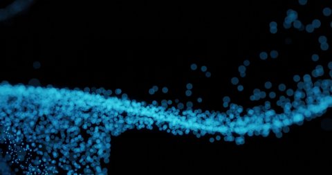 Blue Particle stream on black background 4k loop. Blue dots in force field. Abstract big data simulation  wave, 3d rendering