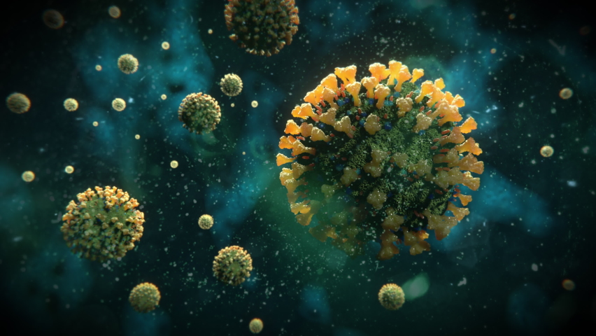 COVID-19 Coronavirus Molecules - Influenza Virus Second Wave - Pandemic Outbreak Green Cells Blue Background - 3D Rendering 4K Royalty-Free Stock Footage #1059068000