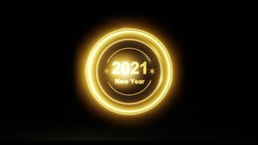 Gold, shiny, luminous round sign, an icon with the inscription 2021 New Year on a black background. Rotation in a circle. 3d render. Looped 4k video