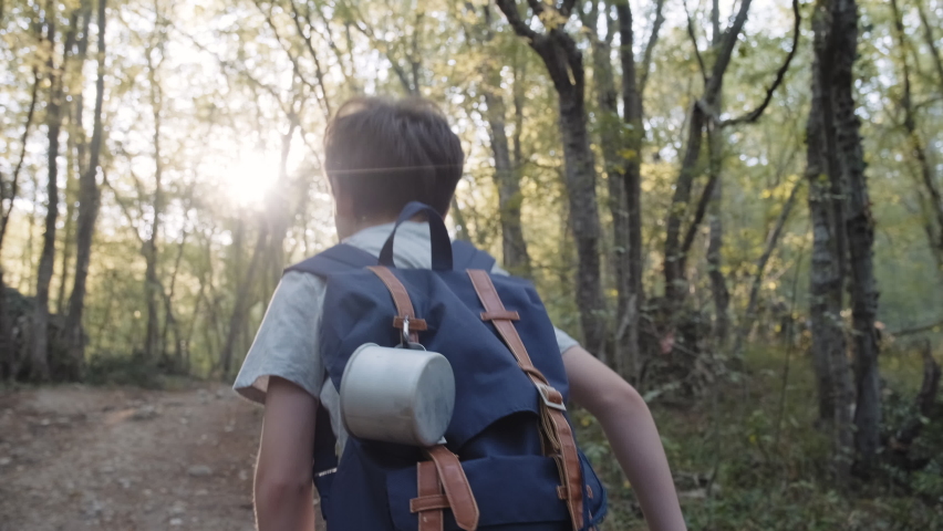 Happy boy tourist walking hiking through forest with tourist backpack with cup summer looks around at forest nature dog pet slow motion. Lifestyle. Lens flare. Tourism. Childhood. Young discoverer Royalty-Free Stock Footage #1059075221