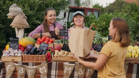 Happy smiling farmers senior woman and young girl handing eco paper bag with fresh vegetables to woman buyer at farmers market