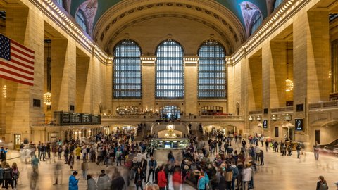 New York City - USA - Apr 15 2019: Interior Timelapse of Grand Central Terminal Concourse at Noon in Midtown Manhattan