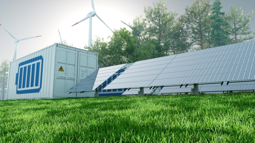 3d Rendering of Solar Panel, wind turbines and Li-ion Battery Container With Blue Sky Background. Energy Storage System. Royalty-Free Stock Footage #1059092336