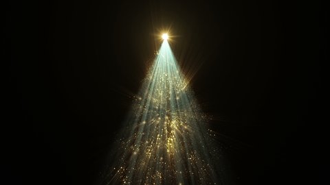 4K Incredible xmas tree. Gold bokeh particles. Light flare star. Bright spotlight rays. Isolated on black. Merry Christmas concept. New year 2021. 3840x2160p. Seamless loop