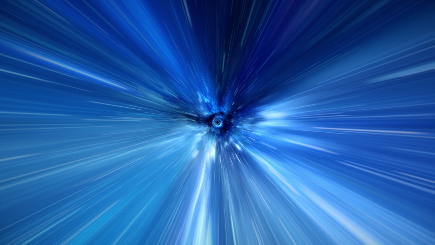 Warp tunnel wormhole moving in hyperspace, abstract blue energy vortex flying straight in loop.
