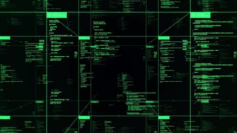 Futuristic hi-tech graphic interface with digital code and data. Animation. Abstract display with blocks of automatically programming code, artificial intelligence concept.