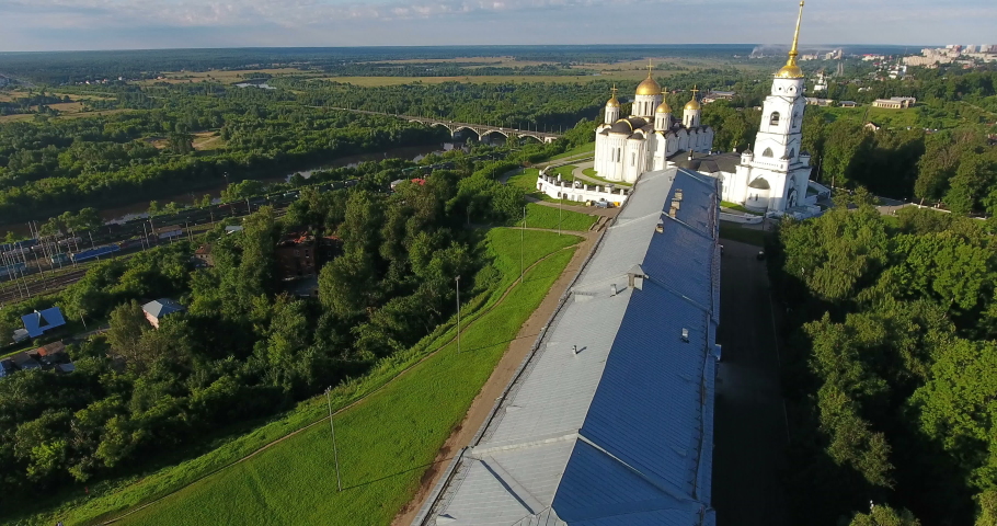 The Assumption Cathedral is in the Vladimir city, Russia. Aerial view from drone. Cathedrals belong to the World Heritage of UNESCO and the White Monuments of Vladimir