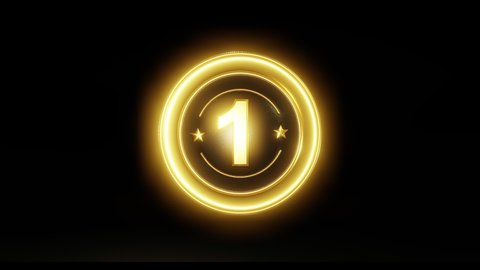 Gold, shiny, luminous round sign, number 1 icon on a black background. Rotation in a circle. 3d render. Looped 4k video