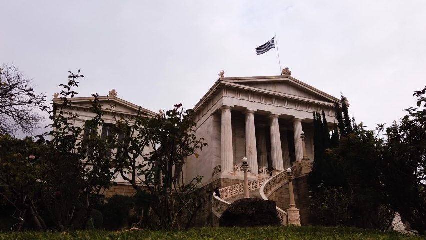 Static shot of National Library in Athens, Greece on cloudy day.