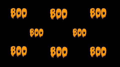 2D animation Happy Halloween, on a transparent background with bats from the word "boo", a ghost appears.