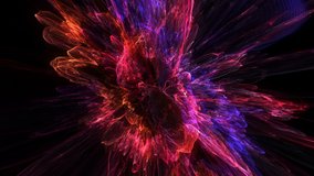 4K Abstract colorful background. Explosion effect. Neon light: Red, violet, blue colors. Isolated on black. Beautiful animated screensaver. Motion graphics. Universe exploding. 