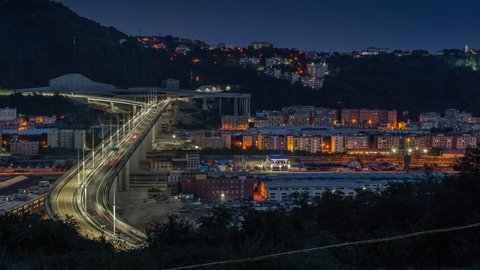 Top view at night of the new San Giorgio bridge in Genoa, Italy. Time lapse.