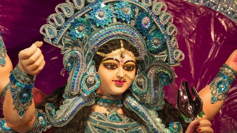 Hindu Goddess Maa Durga Puja, Durga Puja festival celebration, ritual, Happy Navratri, Brush drawing animation, paint on paper, Indian Religion Festival, with Goddess Durga Face .
