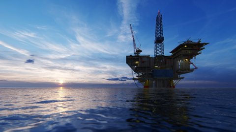
Helicopter flying from oil rig platform towards beautiful sunrise, 4K