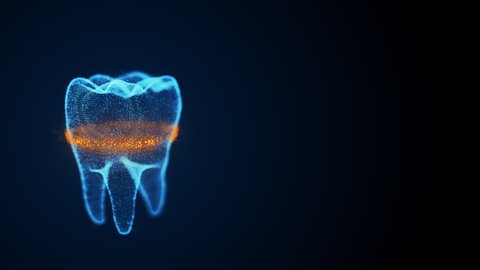 Isolated rotating tooth costructed with glowing points and orange scanning line analyze dental structurefrom top to bottom. Digital tooth anatomy model. Oral health care concept.