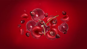 Pomegranate, cherry and drops of juice on a red background.