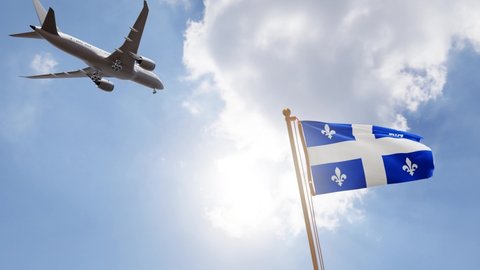 Flag of Quebec Waving with Airplane arriving or departing, Realistic Animation