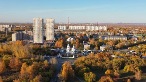 Aerial video  of town Novosibirsk and Church of the Archangel Michael.  Novosibirsk, Siberia, Russia