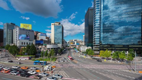 cloudy sky of seoul city south korea with traffic road in the financial district and best landmark in Seoul, South Korea.(time lapse 4k)