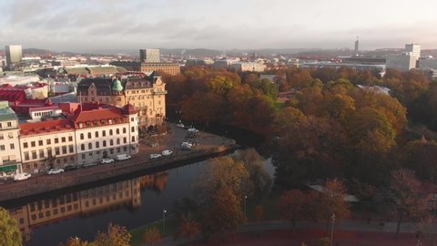 Smooth drone aerial flight with view of old town buildings in downtown Gothenburg, Sweden