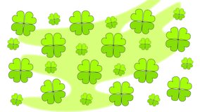 Funny background animation of four leaf clover plants dancing on white background. Copy space. Colourful backdrop. Seamless loop.