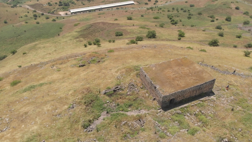 Ruined hill Horvat (Hirbet) Kanaf. Ruins of a settlement in the Golan Heights (Israel), that existed from the Helenistic to the Late Arab period (Mazrat Kanaf). 