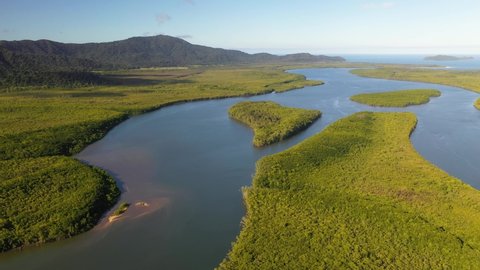 Beautiful river rainforest jungle landscape, 4K aerial view