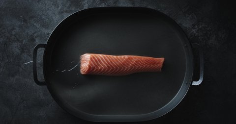 Salmon In A Pan With A Bit Of Water, Fire Smoked Fresh Raw Red Fish Salmon