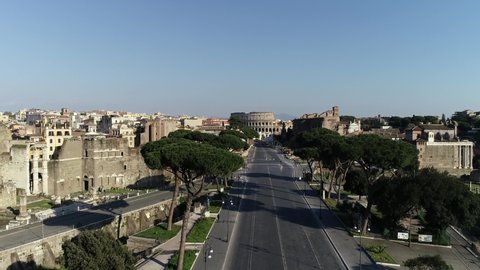 Drone view of the IMPERIAL FORUMS and the COLOSSEUM in Rome