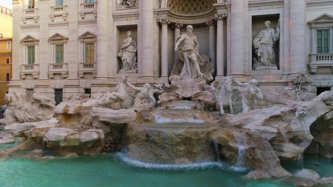 The Trevi Fountain, shot with a drone with a lateral movement