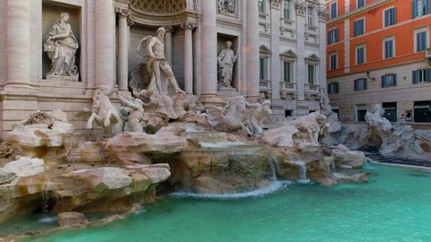 The Trevi Fountain, filmed by drone with lateral approach