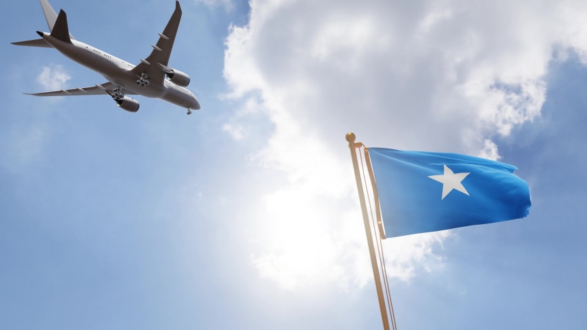Flag of Somalia Waving with Airplane arriving or departing, Realistic Animation