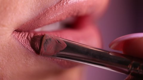 Make up artist applying lipstick. close-up of the lips of a young woman, professional makeup artist with a brush applies natural color lipstick. fashion backstage. beauty saloon. Pink background