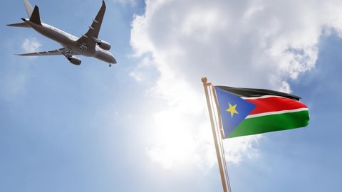 Flag of South Sudan Waving with Airplane arriving or departing, Realistic Animation