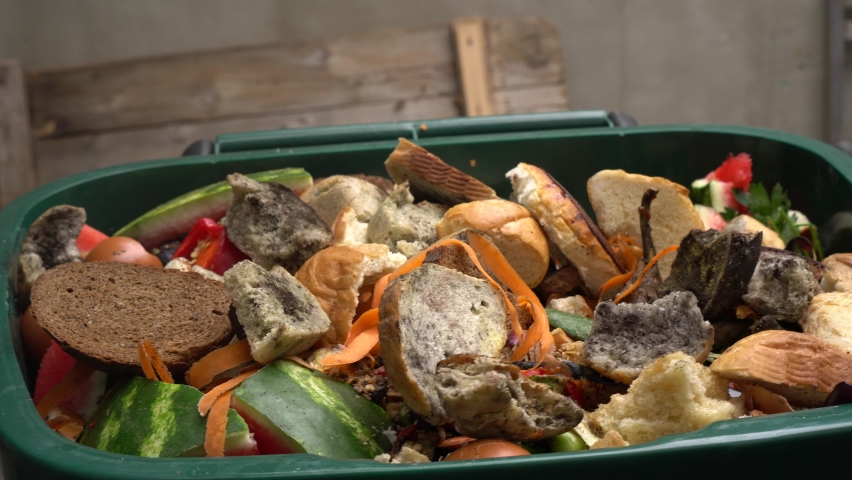 Organic biodegradable food waste bin for composting. Vegetable, fruit and garden waste. Compost, Recycle, ang Garbage Sorting. Food loss and wasting problems Royalty-Free Stock Footage #1059195122