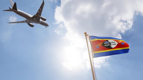 Flag of Eswatini Waving with Airplane arriving or departing, Realistic Animation