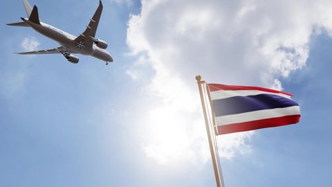 Flag of Thailand Waving with Airplane arriving or departing, Realistic Animation
